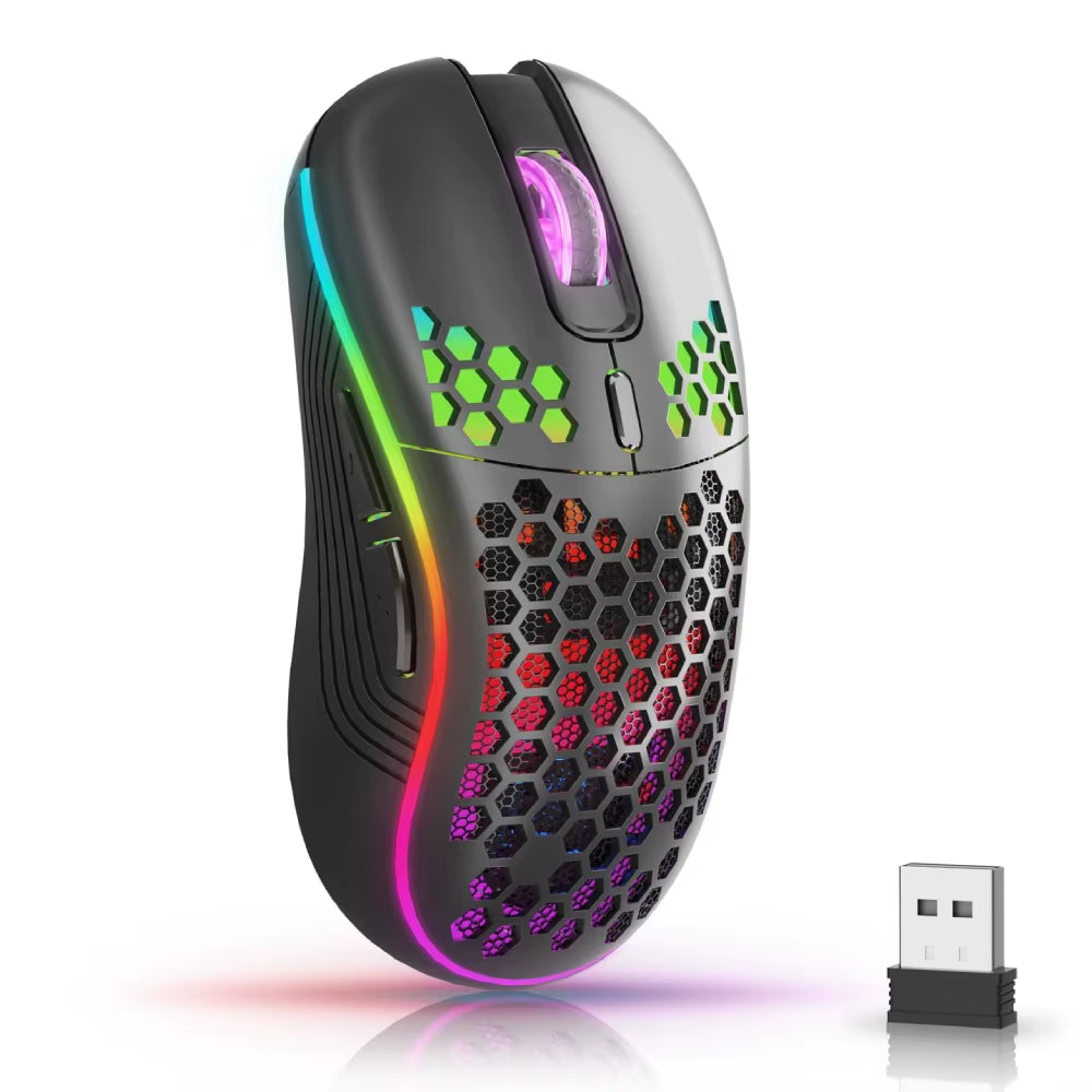 Elevate Your Game with Our Wireless RGB Backlit Gaming Mouse - 6 Buttons, 3-Speed DPI, Type C Rechargeable, and Ergonomic Honeycomb Design!