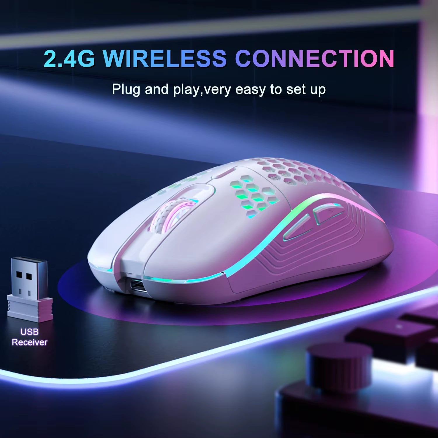 Elevate Your Game with Our Wireless RGB Backlit Gaming Mouse - 6 Buttons, 3-Speed DPI, Type C Rechargeable, and Ergonomic Honeycomb Design!