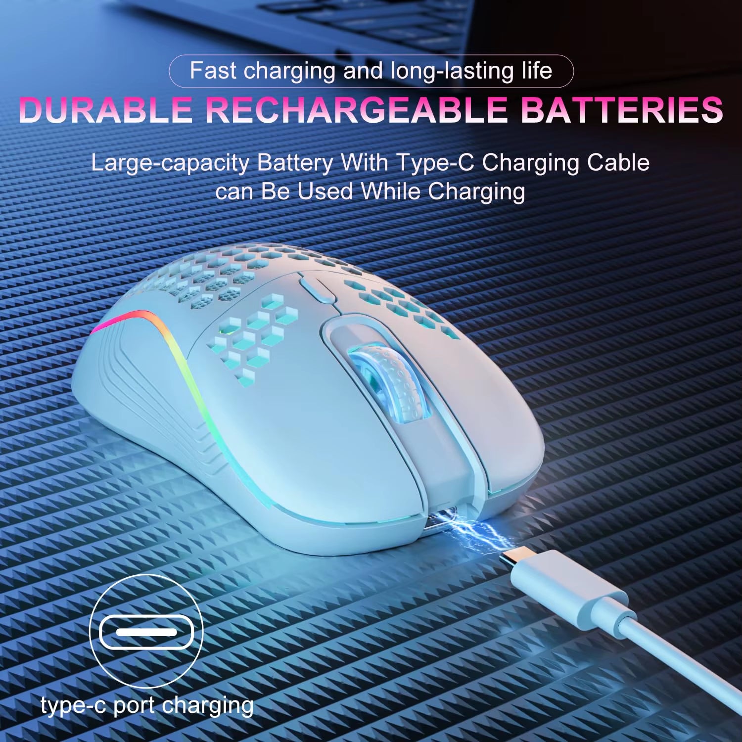 Elevate Your Game with Our Wireless RGB Backlit Gaming Mouse - 6 Buttons, 3-Speed DPI, Type C Rechargeable, and Ergonomic Honeycomb Design!