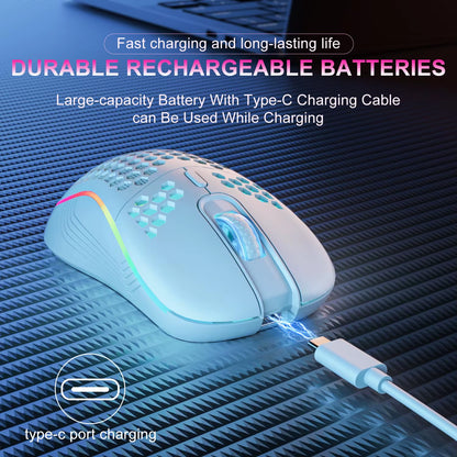Elevate Your Game with Our Wireless RGB Backlit Gaming Mouse - 6 Buttons, 3-Speed DPI, Type C Rechargeable, and Ergonomic Honeycomb Design!